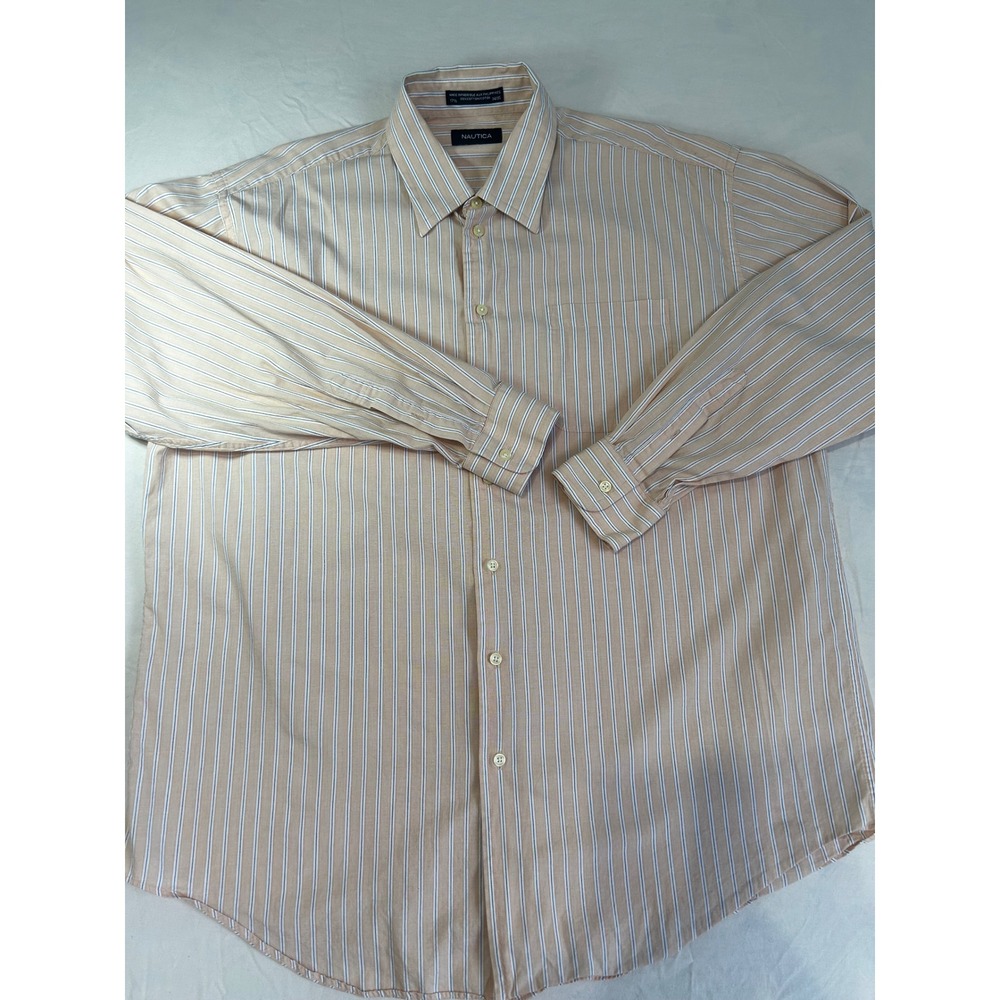 Nautica Mens Orange White Striped Cotton Button Down Dress Shirt 17.5 34/35